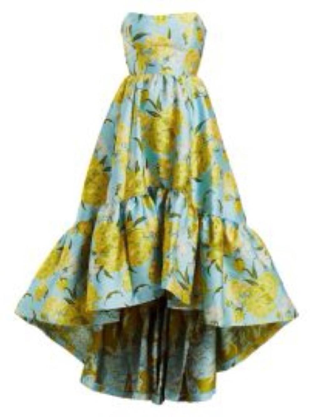 Mestiza New York
Georgiana Strapless Floral Print High Low Gown